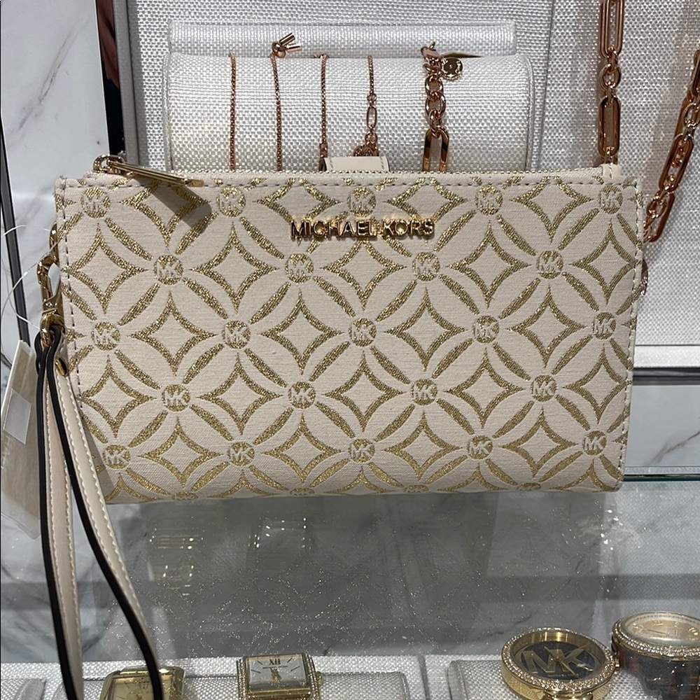 Michael Kors Jet Set Travel Large Double-Zip Wristlet-Wallet-PhoneHolder Pale